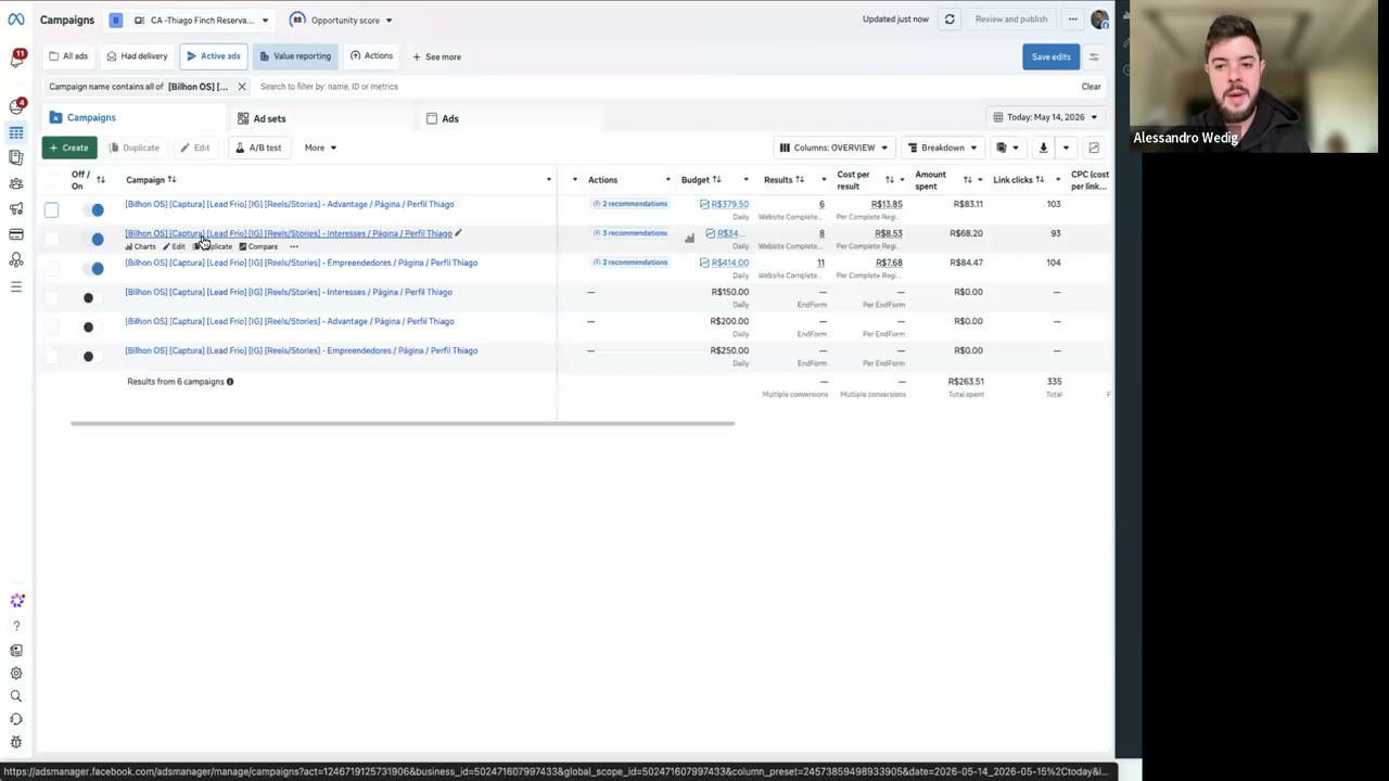 Meta Ads Manager Bilhon OS - 6 campanhas